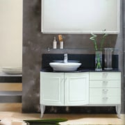 View of a bathroom, white wooden vanity and bathroom, bathroom accessory, bathroom cabinet, bathroom sink, furniture, plumbing fixture, product design, sink, tap, white