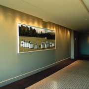 View of hotel corridor with neutral coloured walls, ceiling, interior design, wall, window, brown