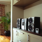 view of the sony minisytem and portable wlkman furniture, home appliance, room, brown