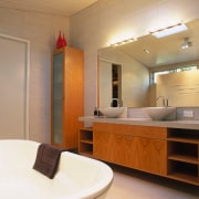 view of the bathroom with twin wall mounted bathroom, ceiling, floor, interior design, room, sink, brown