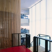 view of the stairs looking out over the architecture, ceiling, interior design, wall, window covering, white, brown