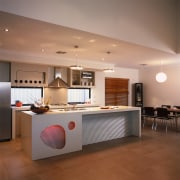 A view of a kitchena and dining area, cabinetry, ceiling, countertop, cuisine classique, floor, flooring, interior design, kitchen, brown, gray