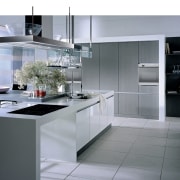 A view of a kitchen, grey tiled floor, countertop, cuisine classique, home appliance, interior design, kitchen, product design, gray