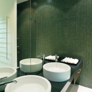vie of this bathroom showing distinctive sculptural fixtures architecture, bathroom, ceramic, floor, glass, interior design, plumbing fixture, product design, room, sink, tile, wall, green