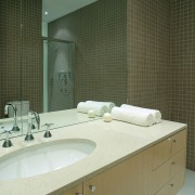 view of this gsi vanity with stainess taps architecture, bathroom, bathroom accessory, countertop, floor, interior design, plumbing fixture, product design, room, sink, tap, tile, wall, brown