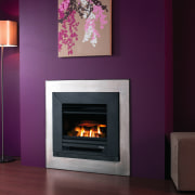 A view of a inbuilt fireplace with steel fireplace, hearth, heat, home appliance, wood burning stove, purple, black