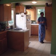view of the original kitchen area - view cabinetry, countertop, floor, flooring, furniture, home, home appliance, house, kitchen, room, red