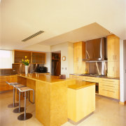 A view of a kitchen area, cream tiled countertop, interior design, kitchen, property, real estate, room, orange