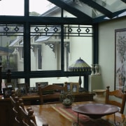 A view of a conservatory fom the inside, daylighting, interior design, window, black, gray