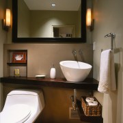 a mirror makes the powder room appear larger bathroom, bathroom accessory, home, interior design, plumbing fixture, room, sink, brown