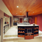 A view of a kitchen area, cream tiled cabinetry, ceiling, countertop, cuisine classique, flooring, hardwood, interior design, kitchen, real estate, room, brown
