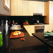 Kitchen with black granite benchtop and light veneer countertop, flooring, interior design, kitchen, room, under cabinet lighting, black