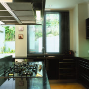 A view of a kitchen area, wooden cabinetry ceiling, countertop, interior design, kitchen, room, window, black