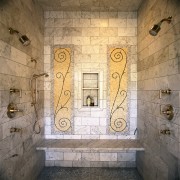 view of the shower area showing ceramic tile architecture, wall, window, brown, orange