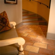 view of the cream and orange ceramic tiles floor, flooring, hardwood, interior design, laminate flooring, room, stairs, tile, wall, wood, wood flooring, wood stain, brown, orange