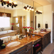 view of this bathroom shwoing the warm tones bathroom, cabinetry, countertop, cuisine classique, home, interior design, kitchen, real estate, room, window, orange