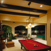 view of the french limestone tiles used in billiard room, billiard table, ceiling, estate, home, interior design, living room, real estate, recreation room, room, table, brown, black