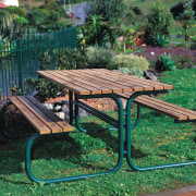 Timber and tubular steel outdoor table and chairs. backyard, bench, furniture, garden, outdoor furniture, outdoor structure, table, yard, green, black