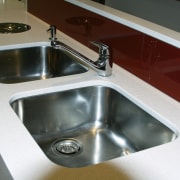 View of kitchen sinks, light coloured stone benchtops, bathroom sink, countertop, hardware, kitchen sink, plumbing fixture, product design, sink, tap, gray