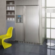 view of this samsung side by side refrigerator floor, flooring, furniture, interior design, product design, wall, gray, white