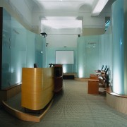 view of the curved glass display that was ceiling, floor, flooring, interior design, lobby, office, gray