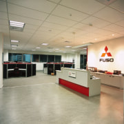 Office space and reception. - Office space and ceiling, floor, flooring, interior design, lobby, office, orange