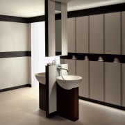 Bathroom with standalone twin basins, and smoke and bathroom, cabinetry, floor, flooring, furniture, interior design, product design, room, sink, gray