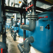 View of life support plant for Kelly Tarlton's engineering, factory, industry, machine, manufacturing, pipe, pumping station, black, teal
