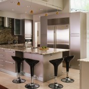 A view of the kitchen area, tiled floor, cabinetry, countertop, cuisine classique, interior design, kitchen, gray, brown