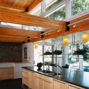 view of the stainless steel countertop and light architecture, ceiling, countertop, daylighting, house, interior design, kitchen, real estate, window, wood, brown