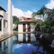 Long swimming pool with dark finish, water features, arecales, estate, hacienda, house, leisure, palm tree, property, real estate, reflecting pool, resort, swimming pool, villa, water, black