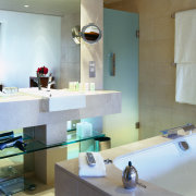 View of bathroom with square basin and cantilevered bathroom, interior design, room, sink, gray