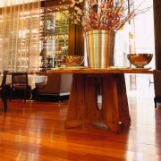 View of restaurant dining room with recycled timber dining room, floor, flooring, furniture, hardwood, interior design, table, wood, wood flooring, red