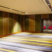 View of function room with striped carpet, and architecture, ceiling, floor, flooring, interior design, line, lobby, wall, brown, orange