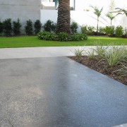 view of the boralstone polished concrete driveway - asphalt, driveway, grass, landscape, lawn, path, plant, road surface, walkway, gray