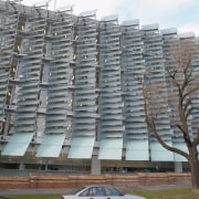 Exterior view of laboratory building showing wall of architecture, brutalist architecture, building, condominium, facade, mixed use, residential area, roof, structure, tower block, gray