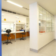 View of corridor and lab room with speckled floor, institution, interior design, office, yellow