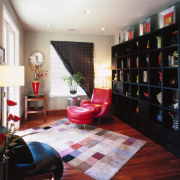view of the library in the house where home, house, interior design, living room, real estate, room, black, white