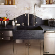 the kips bay decorator show house kitchen by cabinetry, countertop, cuisine classique, floor, interior design, kitchen, kitchen stove, plumbing fixture, room, sink, tap, gray, black