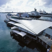 Exterior birds eye view of new ferry terminal. boat, ferry, luxury yacht, motor ship, naval architecture, passenger ship, sea, ship, water transportation, watercraft, yacht, black, white