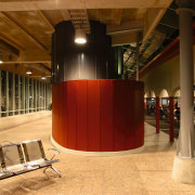 Interior and seating within the Auckland city Ferry interior design, lobby, brown, orange