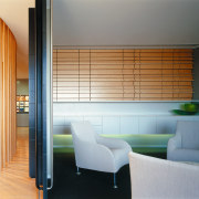 A view of an informal meeting area, woodne architecture, ceiling, floor, home, house, interior design, living room, room, suite, wall, window, window covering, wood, gray