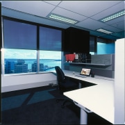 A view of the office area with many architecture, glass, interior design, office, product design, black