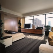 A view of the master bedroom, brown carpet ceiling, floor, flooring, furniture, hardwood, interior design, living room, room, wood, wood flooring, gray, black