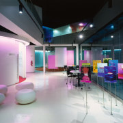 A view of the graphics used through out architecture, ceiling, interior design, lobby, purple, black