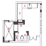 legend for plan: 1 vanity, 2bureau, 3 toilet, angle, area, design, diagram, drawing, floor plan, font, line, product, product design, square, structure, text, white