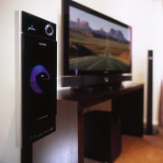 the 42 inch hd plasmahas acontrast ratio of audio equipment, display device, electronic device, electronics, furniture, loudspeaker, multimedia, personal computer, technology, black, white