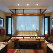 A view of the bathroom, wooden flooring and ceiling, flooring, furniture, interior design, lighting, living room, real estate, room, table, wall, window, window covering, window treatment, brown, gray