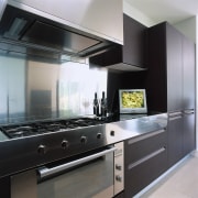 view of this sharp 15 inch lcd television cabinetry, countertop, cuisine classique, home appliance, interior design, kitchen, kitchen appliance, kitchen stove, major appliance, gray, black