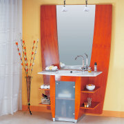 Elleti Kitchens European  inspired vanity designs utilize bathroom, bathroom accessory, bathroom cabinet, furniture, interior design, orange, plumbing fixture, room, sink, table, gray, orange